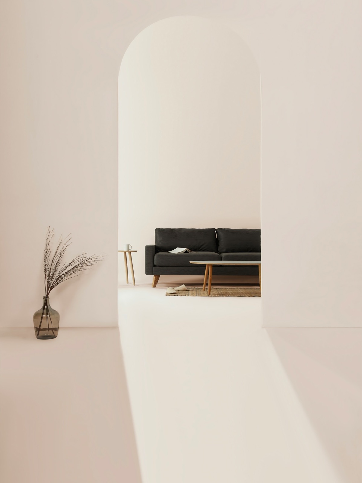 A quiet corner with a sofa and a vase
